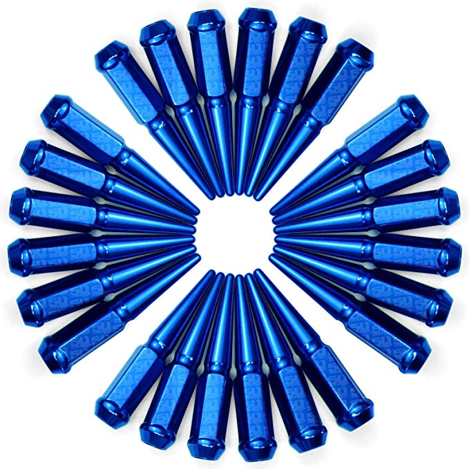 50 Caliber Racing Set of 24 Spiked Lugs Nut Kit 14 x 2.0mm RH Thread Pitch Size fits Wheels with 60 Degree Conical Lug Nut Seats Blue Finish [5296B82]