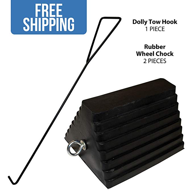 Rubber Wheel Chock with Eyebolts - 2-PACK with Tow Hook - Shippers Supplies