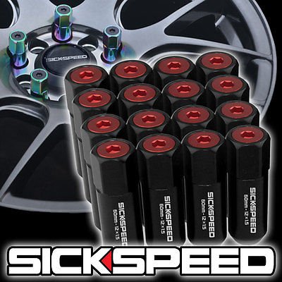 16 Black/Red Capped Aluminum 60Mm Extended Tuner Lug Nuts For Wheels 12X1.5 L16 for Ford Fiesta