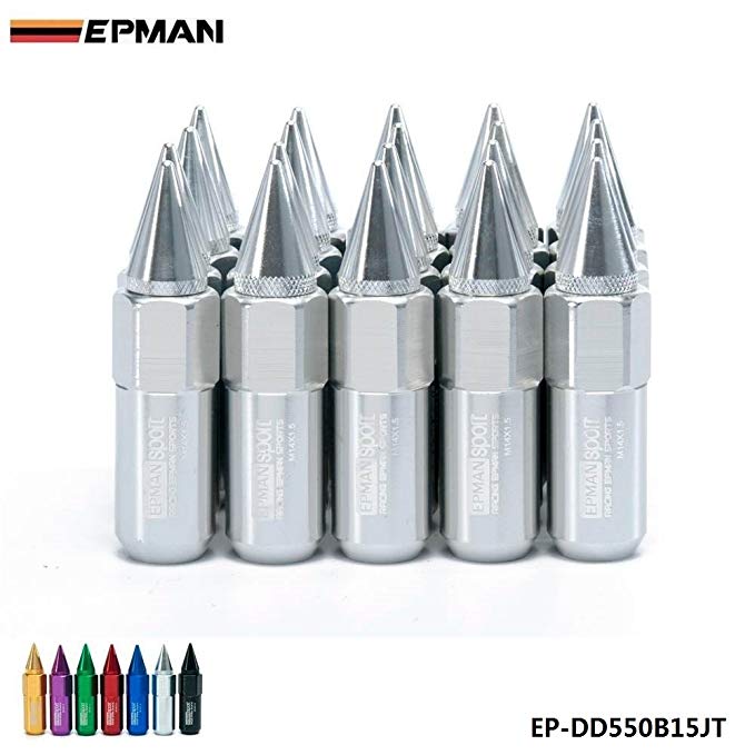 EPMAN 20Pcs Set M14X1.5 Spiked Extended 60MM Aluminum Tuner Lugs Nuts Universal For Wheels/Rims (Silver)