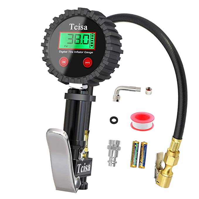 Tcisa Tire Inflator with Pressure Gauge - Digital Heavy Duty 200 PSI Air Pressure Gauge with Brass Air Chuck Valve Extender Rubber Air Hose Quick-Connect Fitting