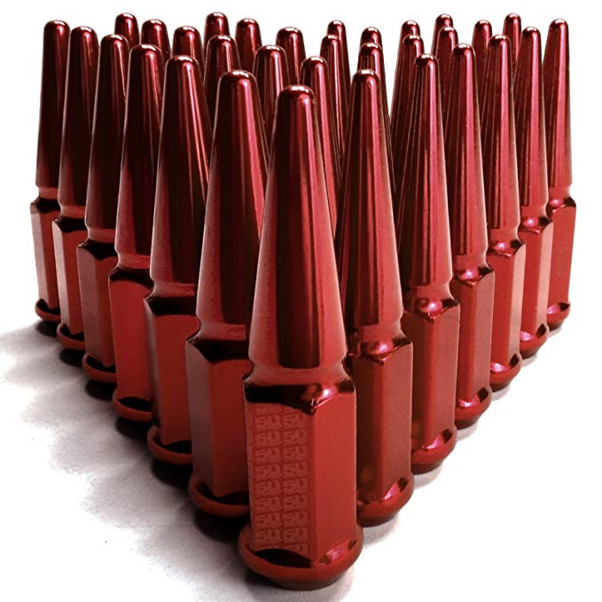 50 Caliber Racing Set of 32 Spiked Lugs Nut Kit 14 x 1.5mm RH Thread Pitch Size fits Wheels with 60 Degree Conical Lug Nut Seats Red Finish [5296B76]