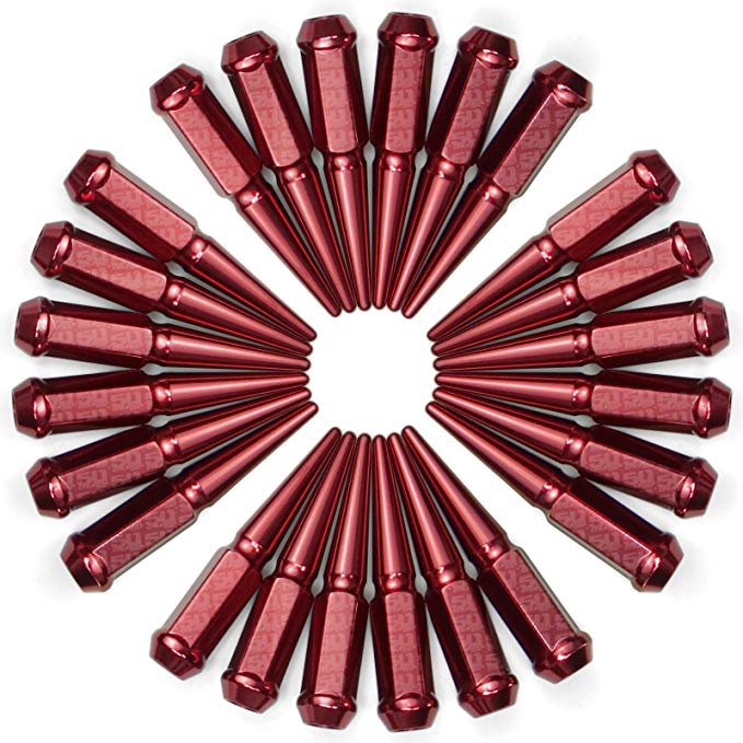 50 Caliber Racing Set of 24 Spiked Lugs Nut Kit 12 x 1.25mm RH Thread Pitch Size fits Wheels with 60 Degree Conical Lug Nut Seats Red Finish [5296B46]
