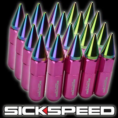 20 Pink/Neo Chrome Spiked Aluminum Extended 60Mm Lug Nuts For Wheels 12X1.5 L07 for Chevrolet Impala