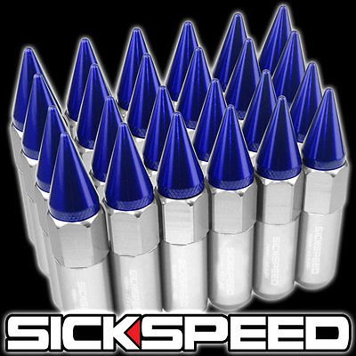 24 Polished/Blue Spiked Aluminum Extended Tuner Lug Nuts Wheels/Rims 1/2X20 L23 for Dodge Ram 1500