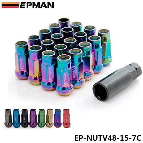 EPMAN MT V48 Auto Steel Acorn Rim Extended Open End Wheel Racing Lug Nuts With One Key M12X1.5 (Neochrome, Pack Of 20)
