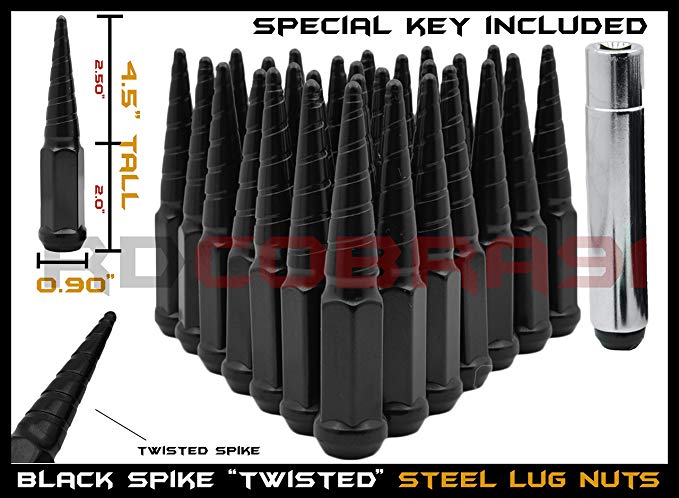 32 Pc Black Twisted Spike Lug Nuts Forged Metal M14x1.5 (4.5